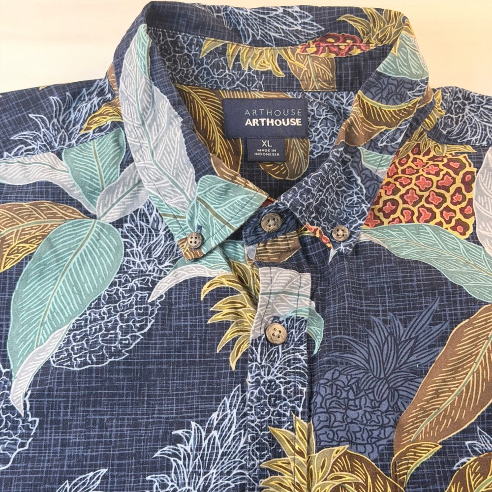 Arthouse Pineapple Shirt Mens XL Navy Blue Leopard Print Cotton Hawaiian Aloha